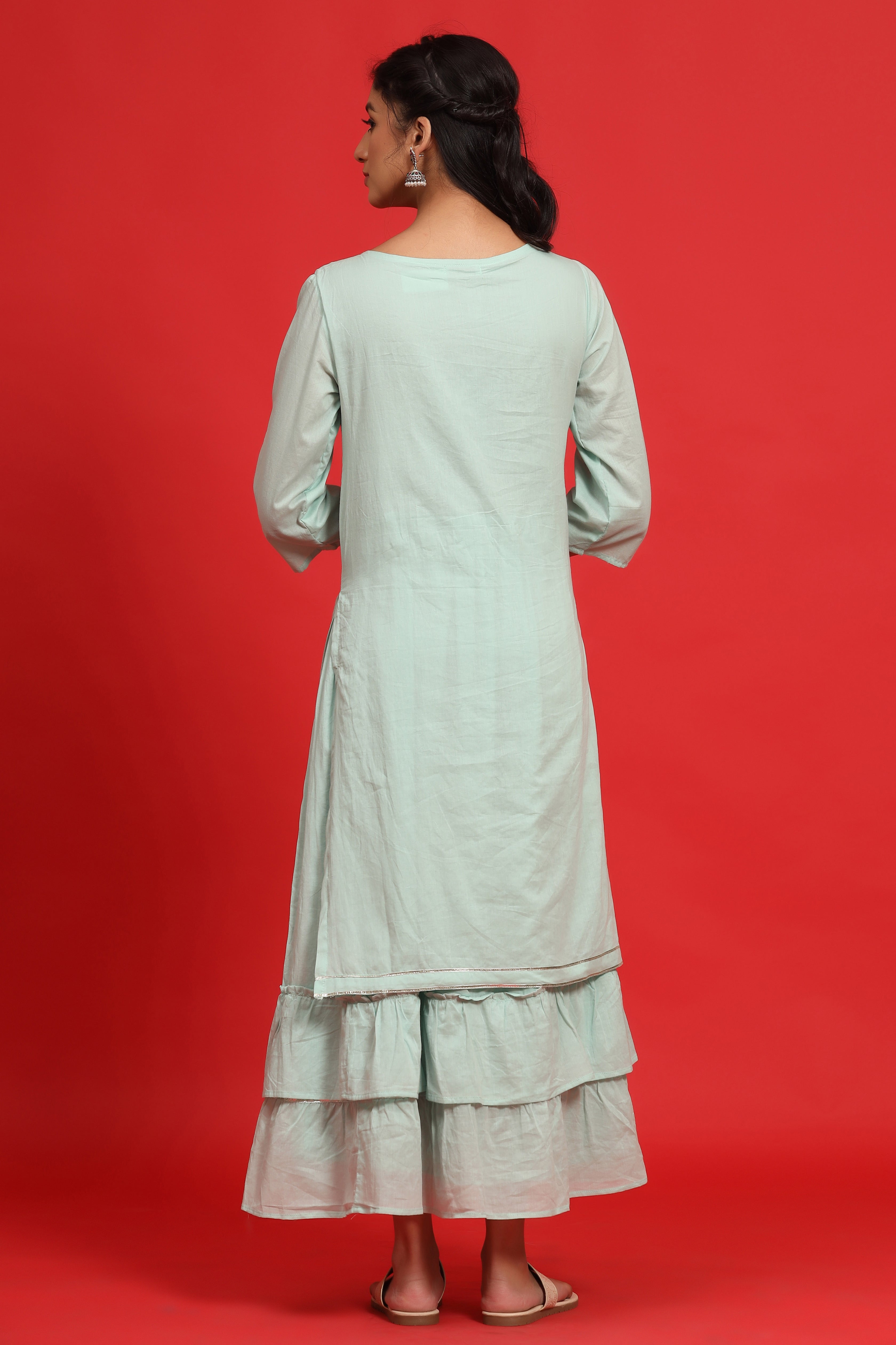 Juniper Sage Green Cotton Embroidered Layered Maxi Dress With Dori Tassels