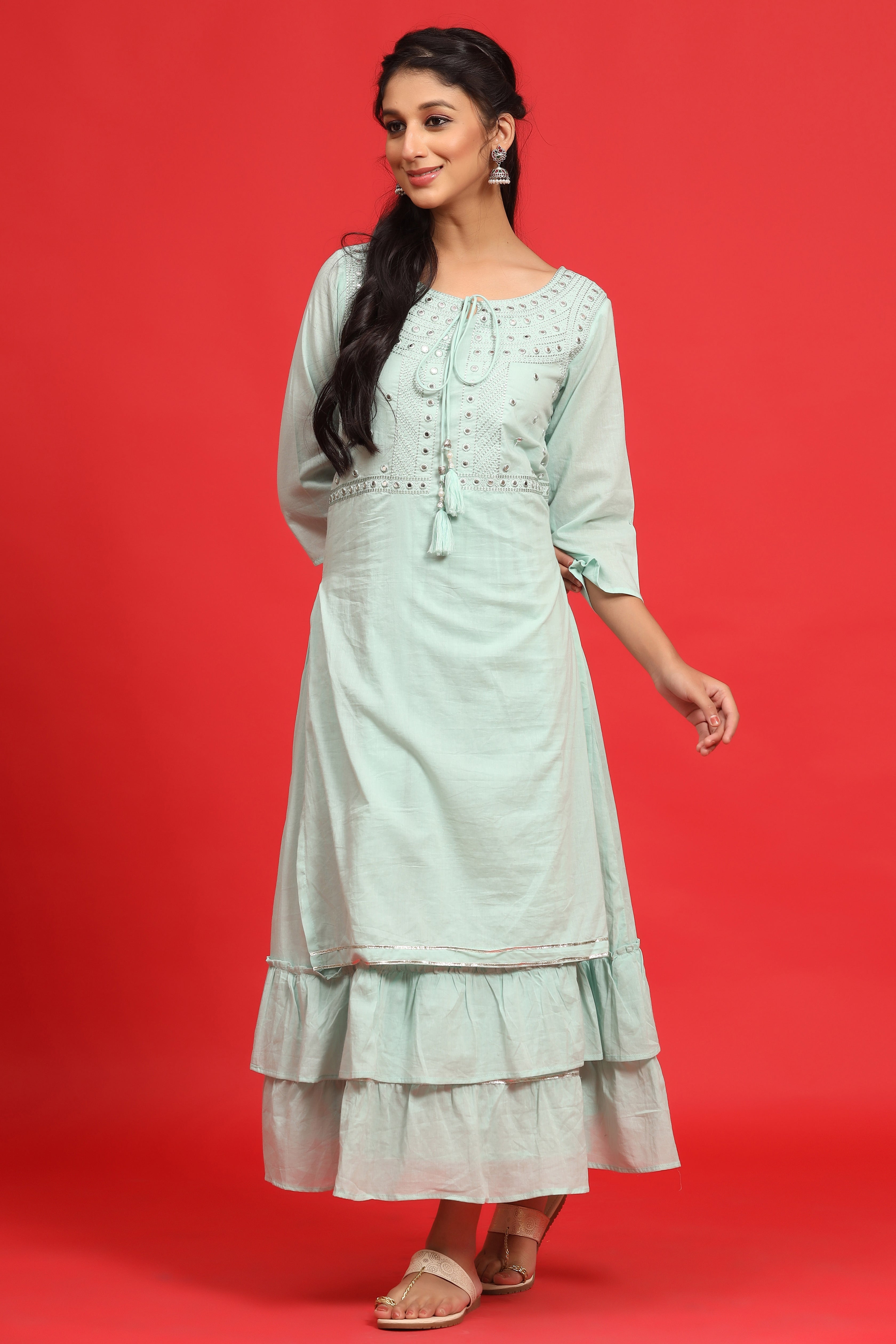 Juniper Women's Sage Green Cotton Embroidered Layered Dress