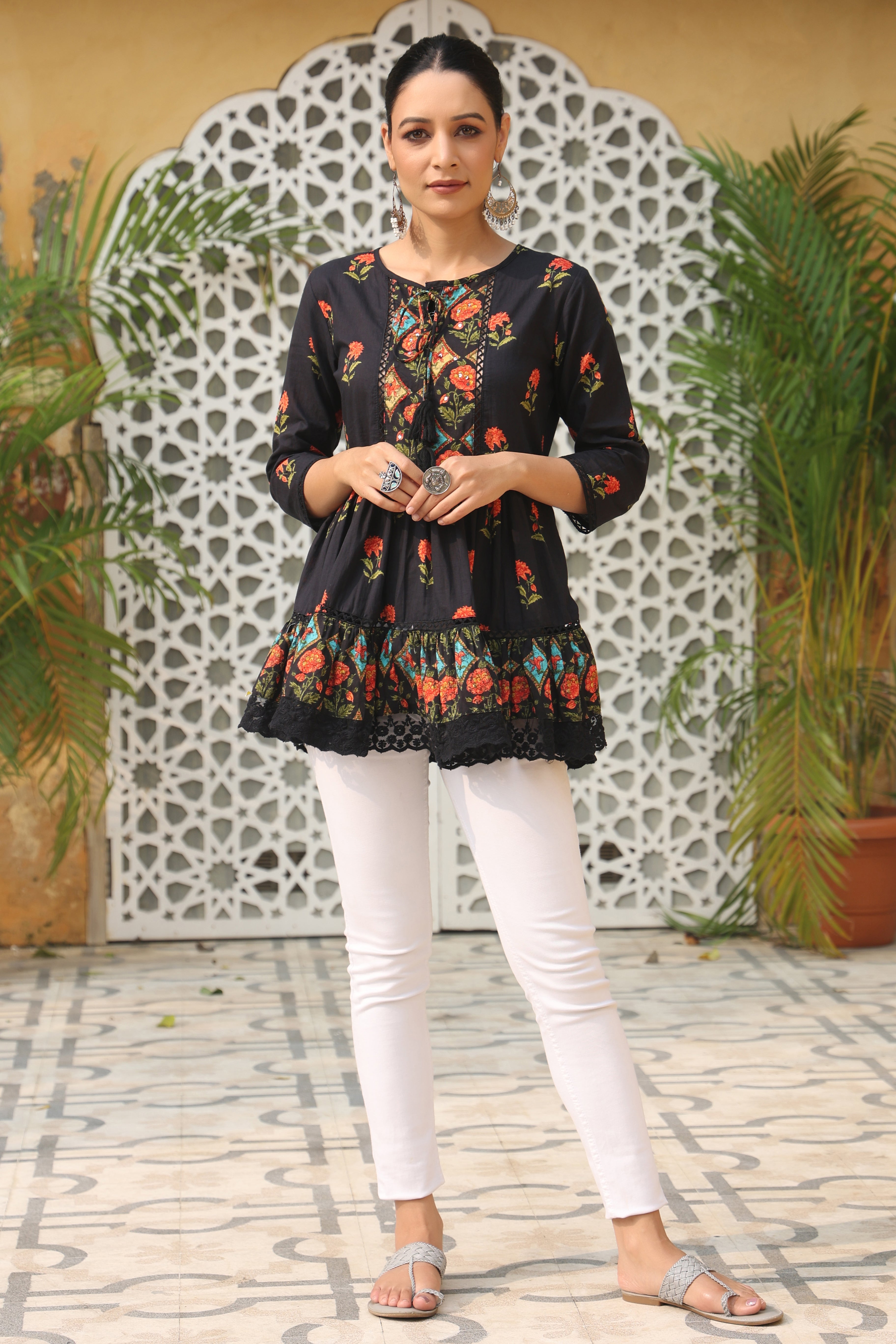 Juniper Black Floral Printed Peplum Pure Cotton Tunic With Lace