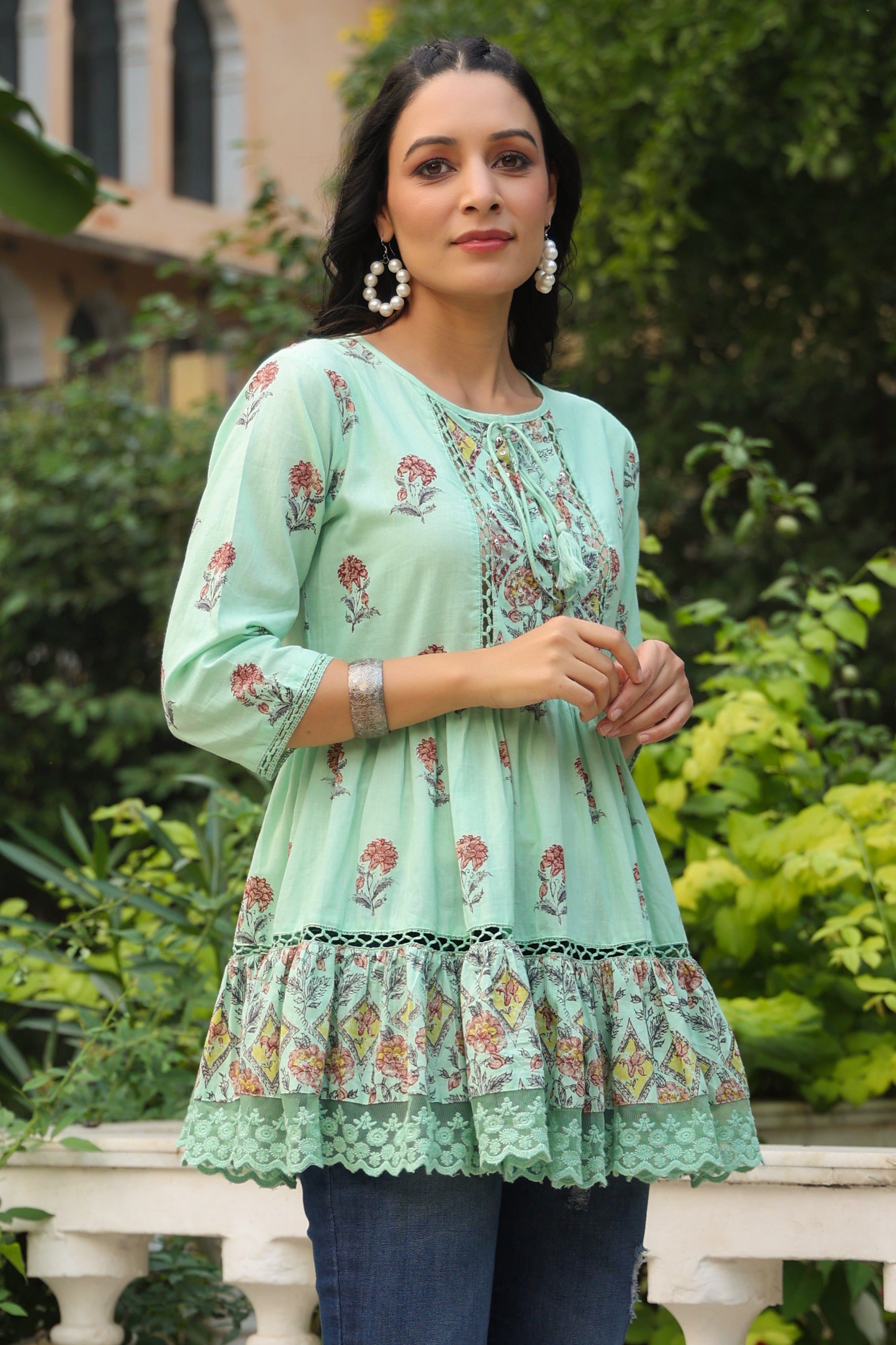 Juniper Pista Green Floral Printed Pure Cotton Peplum Tunic With Lace