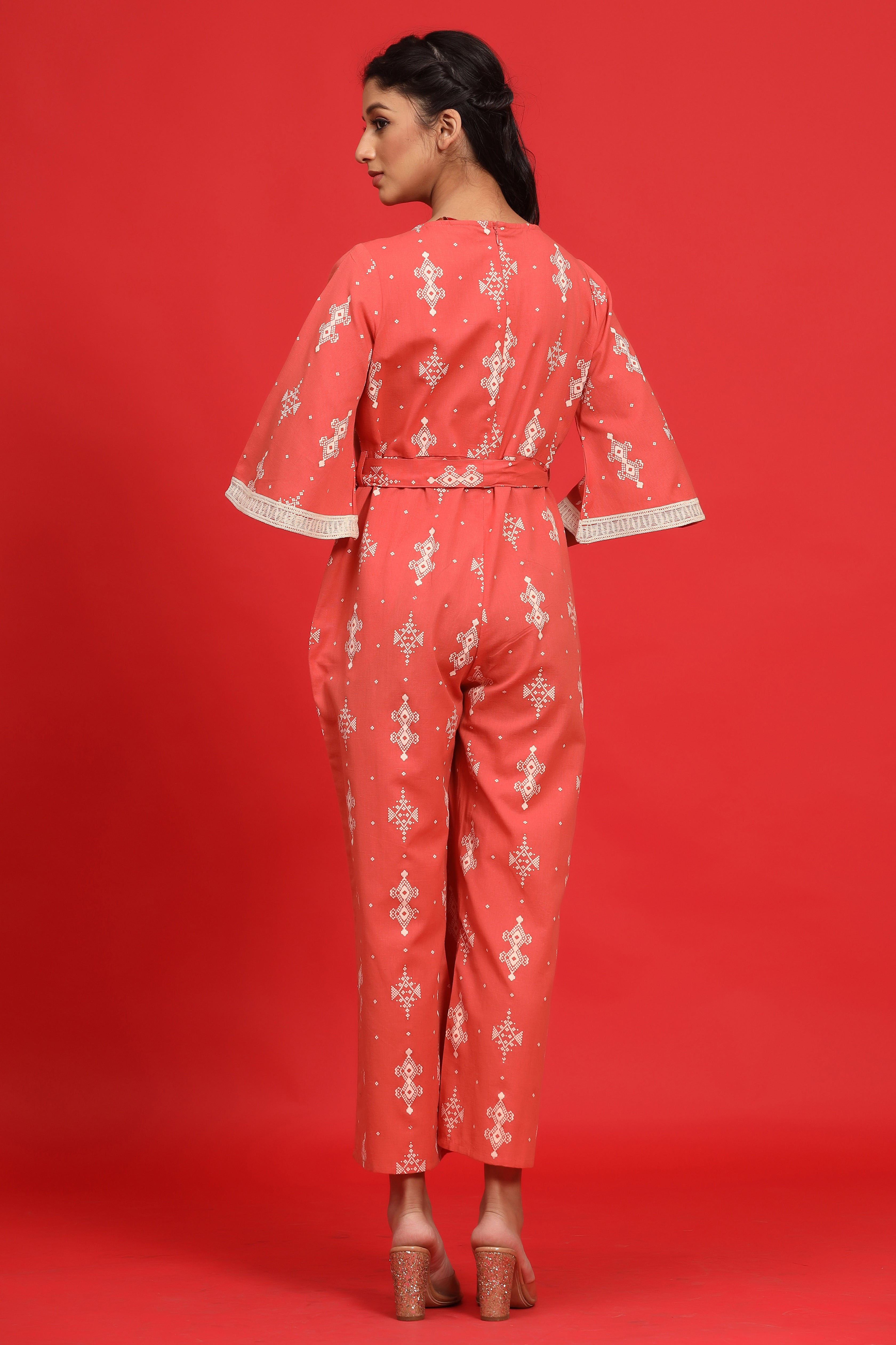Peach Cotton Flex Printed Ethnic Jumpsuit