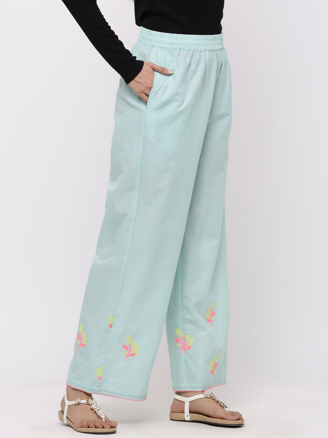 Mint Cambric Embroidered Wide-Leg Palazzo