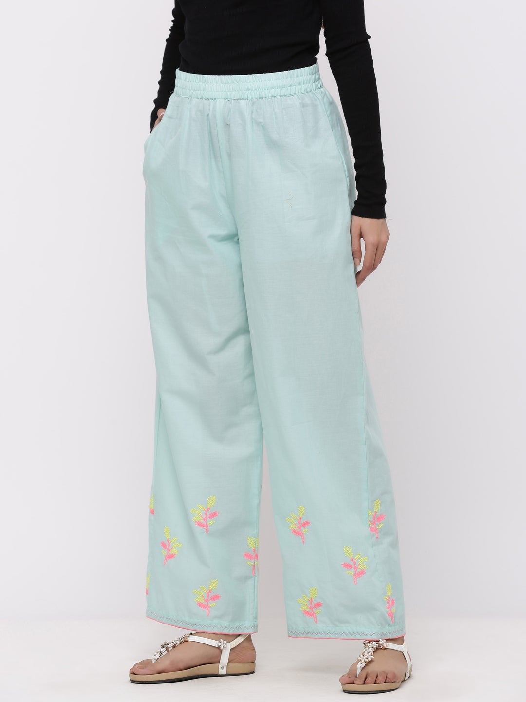 Mint Cambric Embroidered Wide-Leg Palazzo