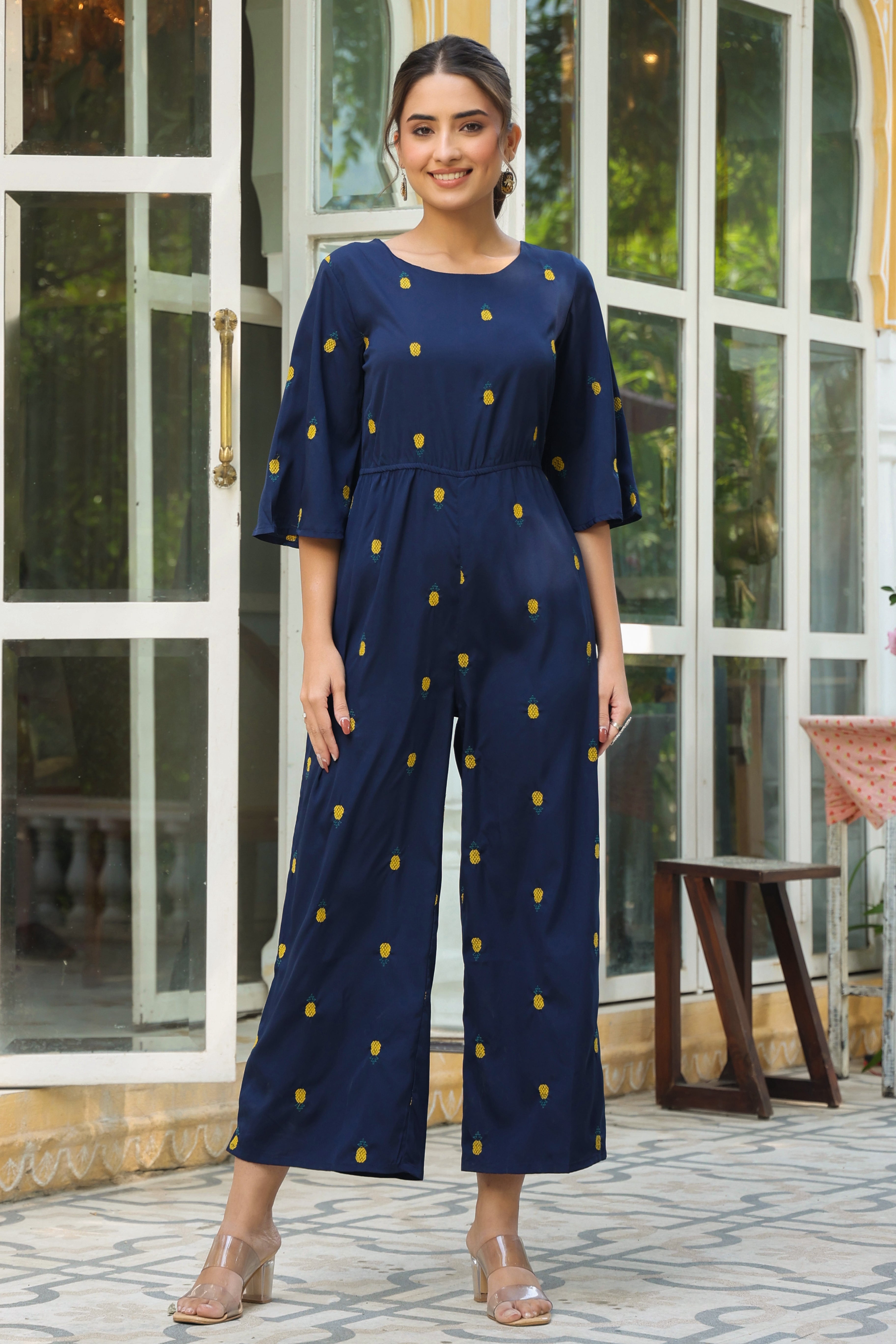 Juniper Dark Blue Quirky Printed Poly Crepe Jumpsuit With Thread Work Embroidery
