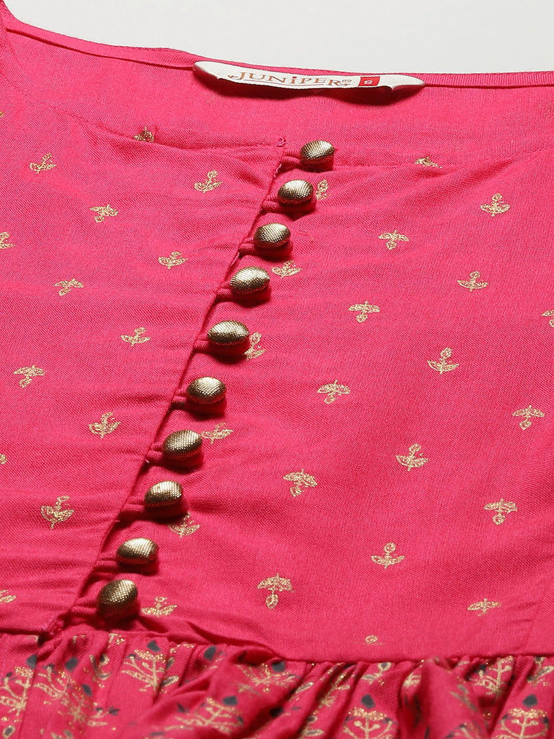 Juniper Fuschia Liva Rayon & Cambric Printed Peplum Lehenga Choli Sets