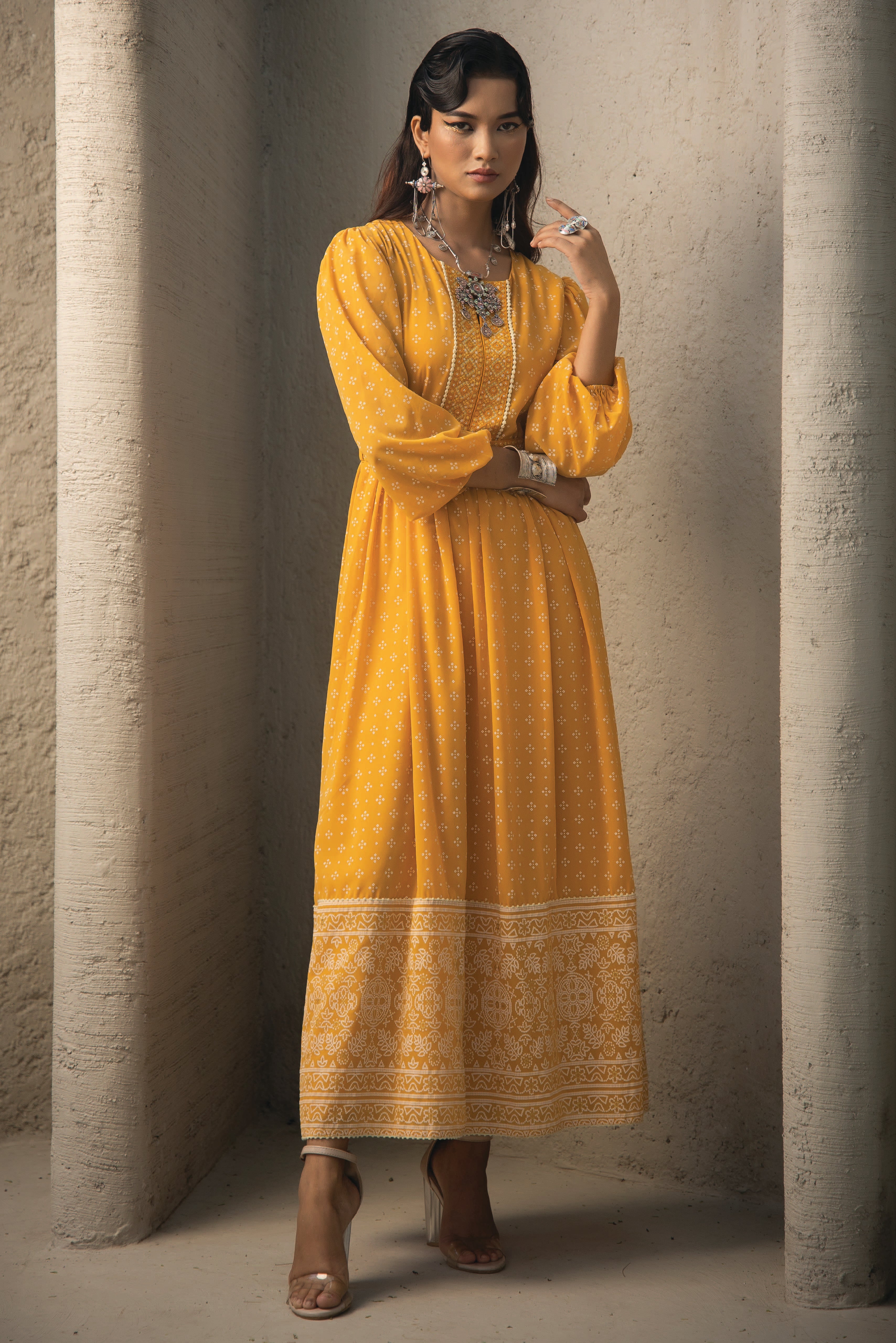 Juniper Mustard Georgette Festive Khadi Print Flared Dress For Women