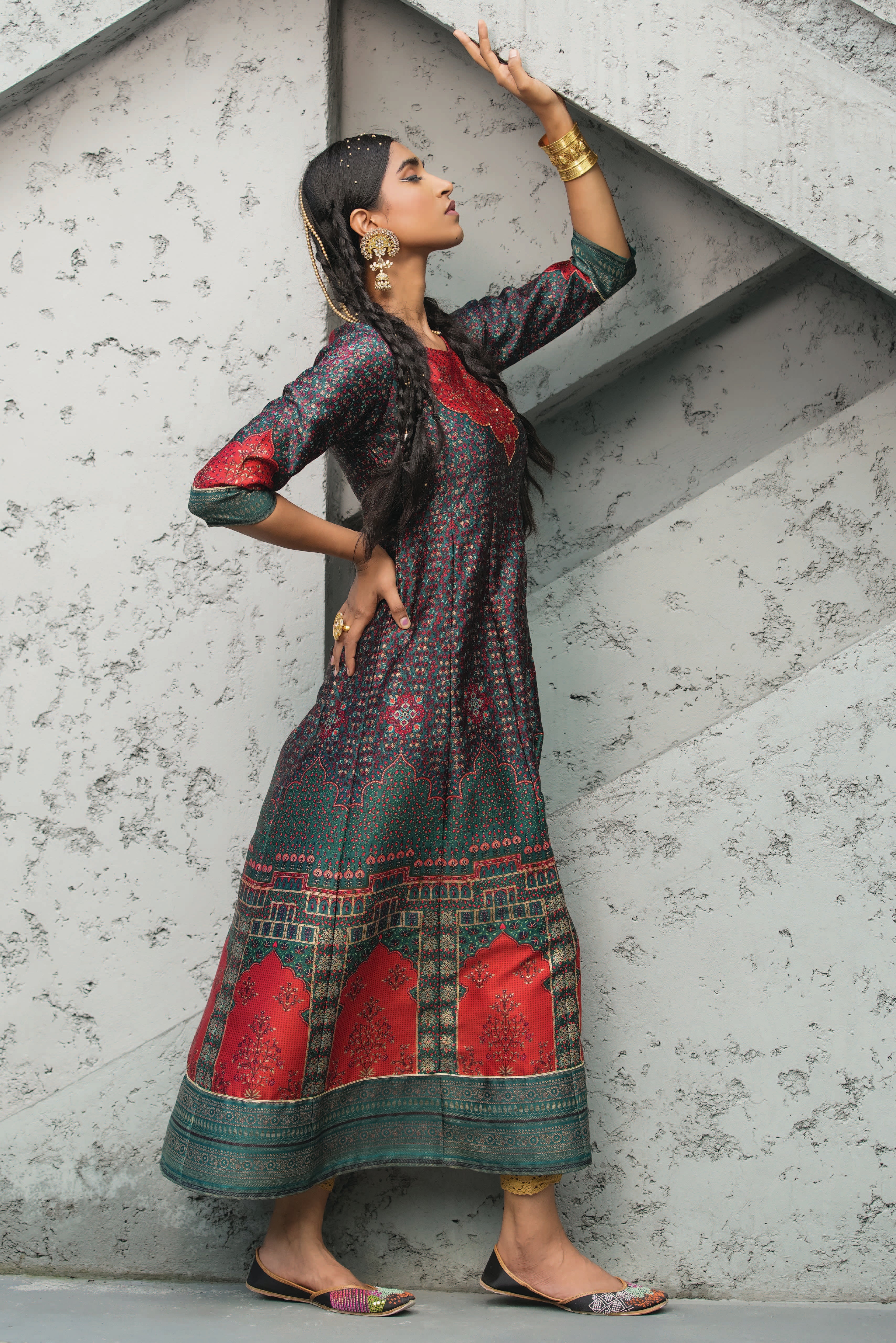 Juniper Green Satin Festive Printed Anarkali Flared Anarkali Kurta For Women