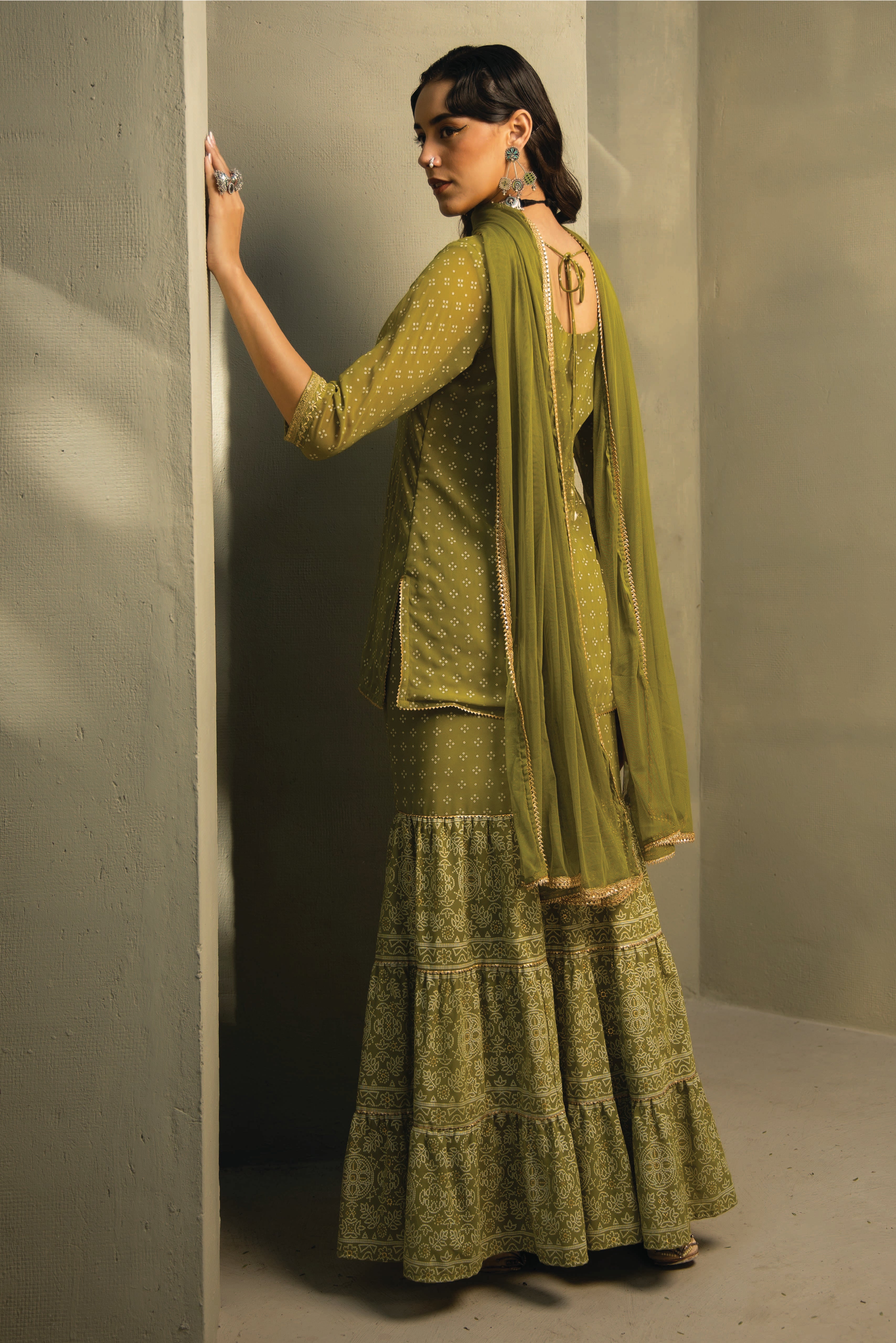 Juniper Green Bandhani Printed Georgette Kurta Sharara & Net Dupatta Set With Zari Work Embroidery