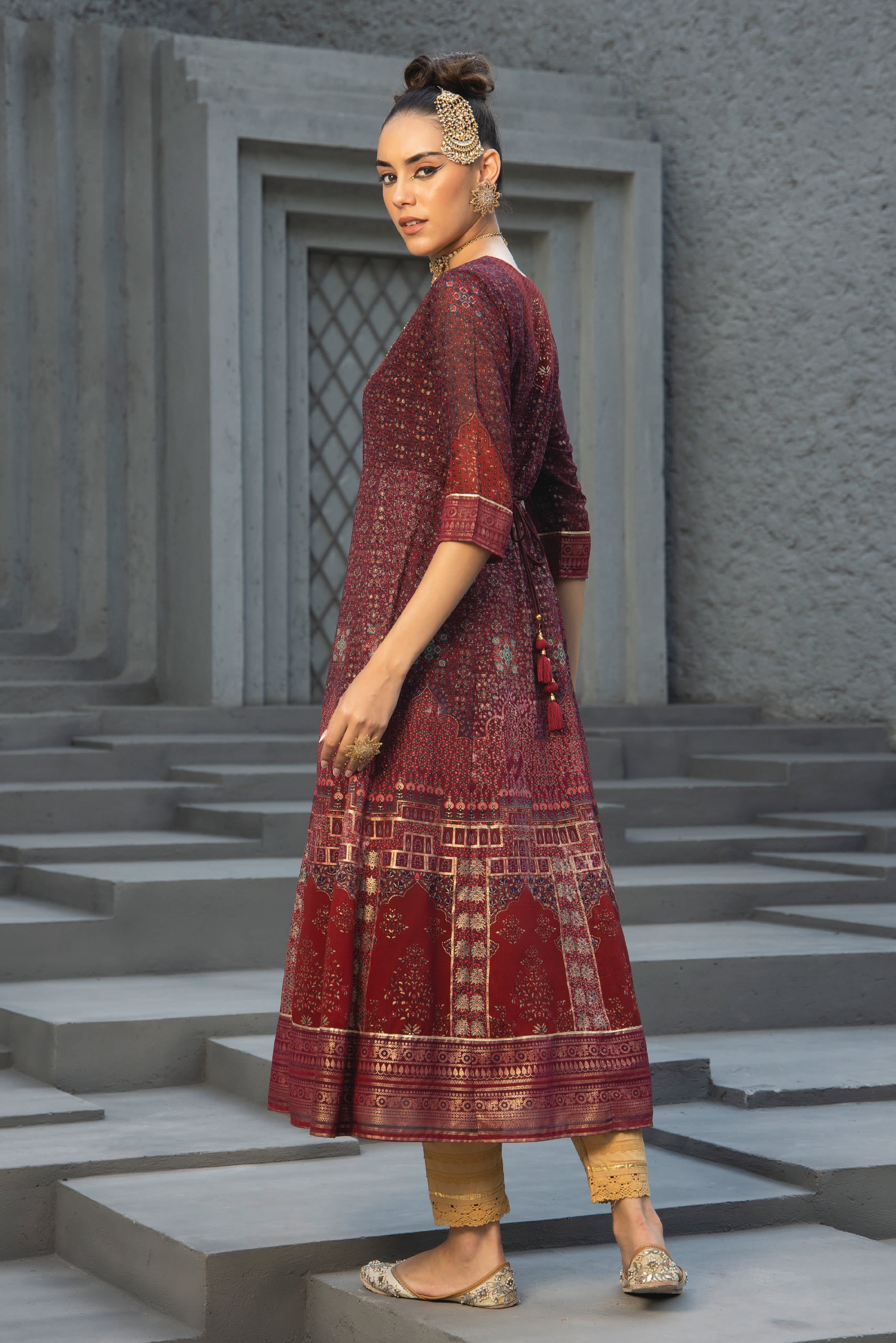 Juniper  Maroon Ethnic Motif Printed Georgette Anarkali Dress.