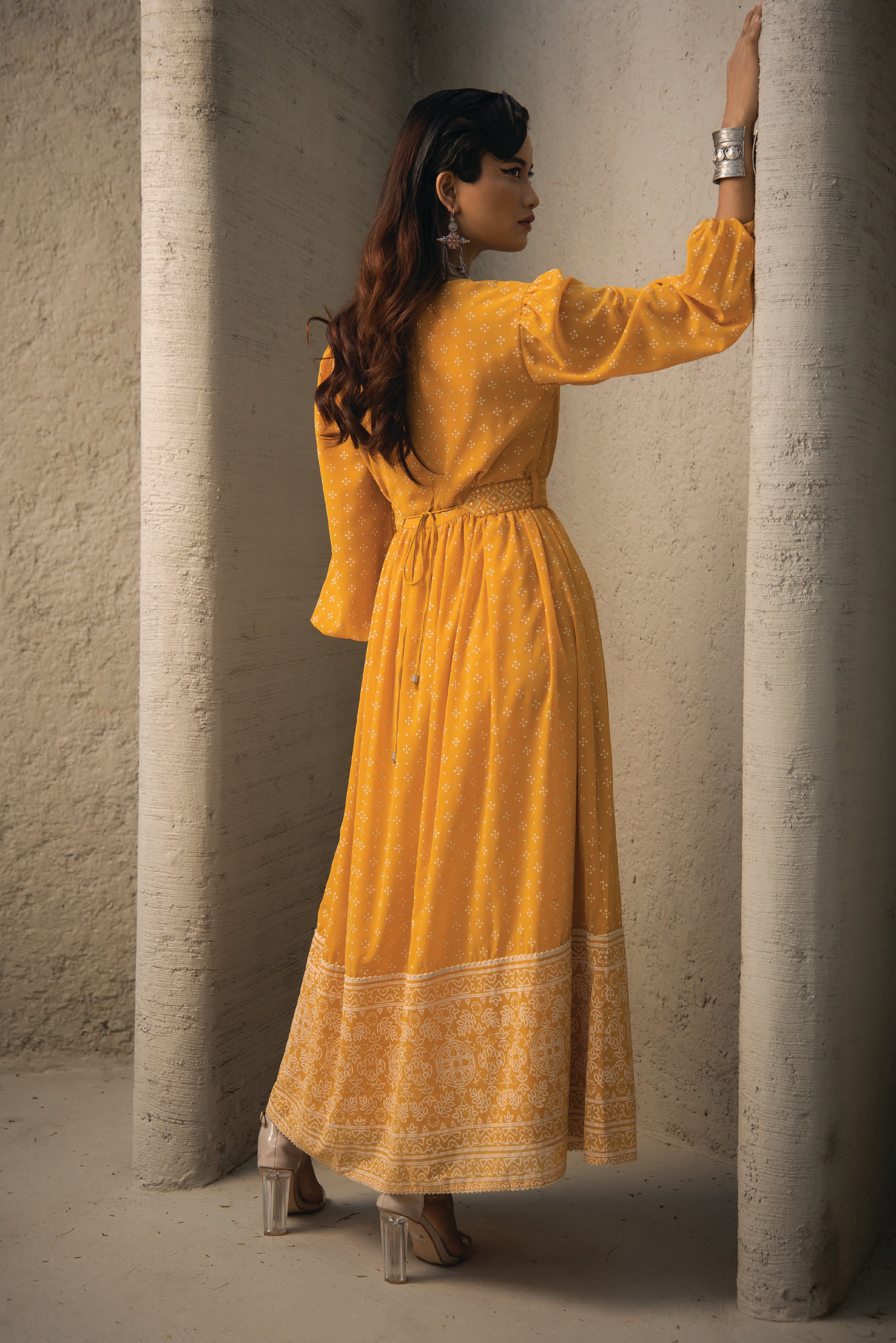 Juniper Mustard Georgette Festive Khadi Print Flared Dress For Women