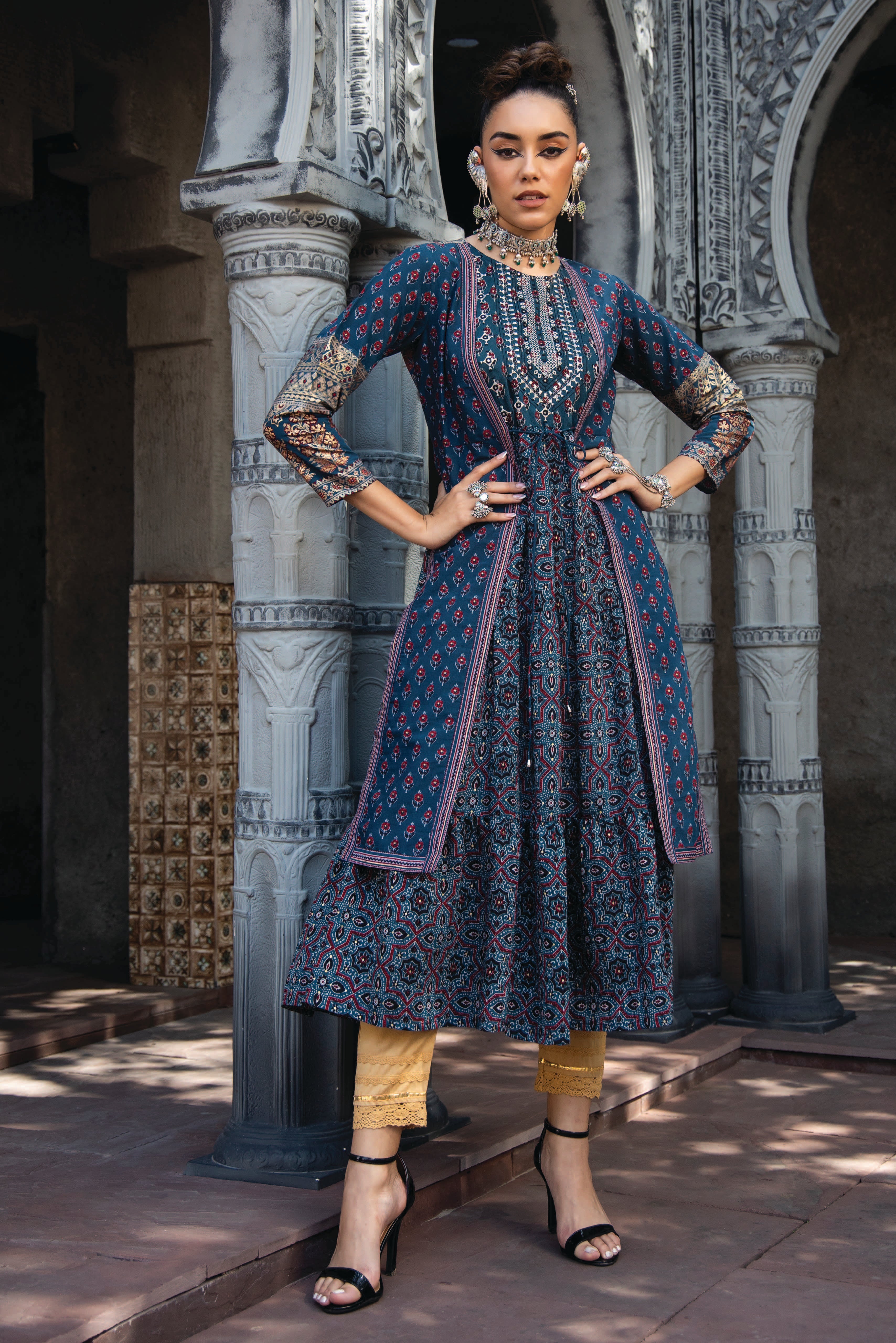 Juniper Teal Ethnic Motif Printed Chanderi Layered Maxi Dress With Zari Work Embroidery